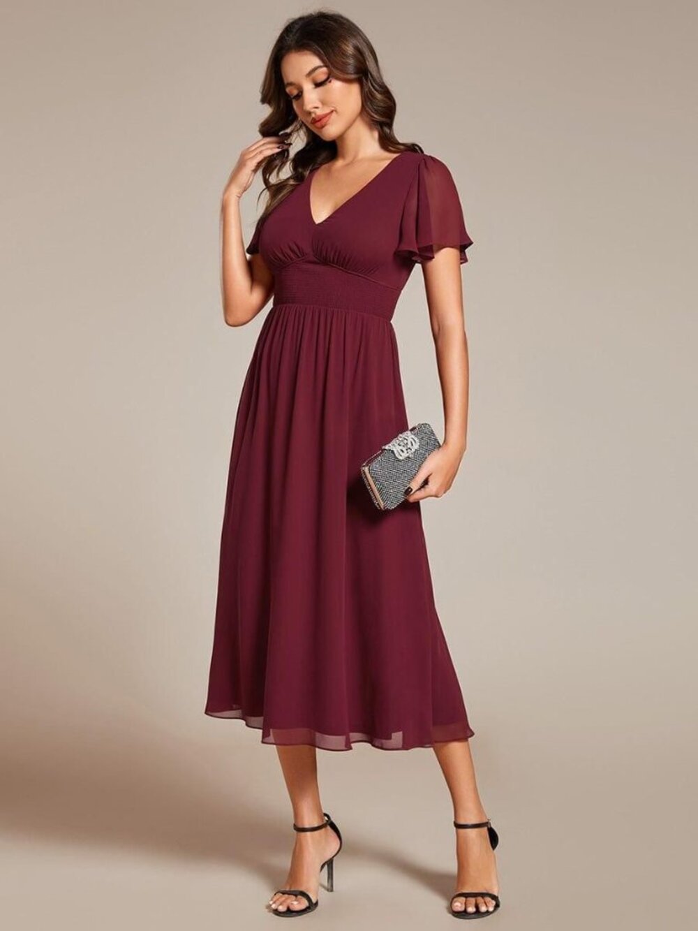 Ever Pretty V-Neck Ruffle Sleeves Empire Waist Dress in Chiffon Size